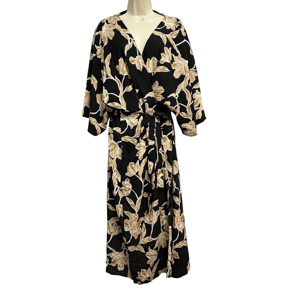 Maison Du Soir Robe Womens L/XL Black Gold Floral Wrap Long Kimono Loungewear